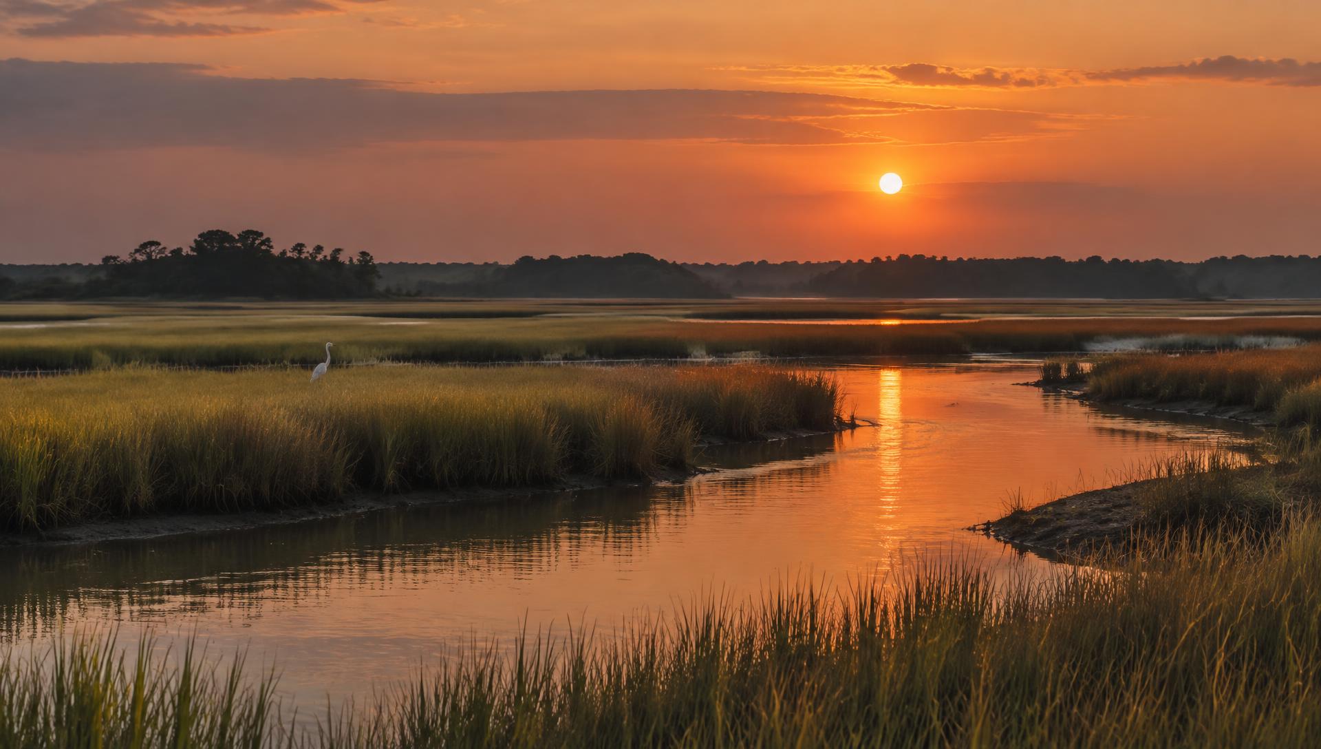 Illustrative sunset-marsh artwork